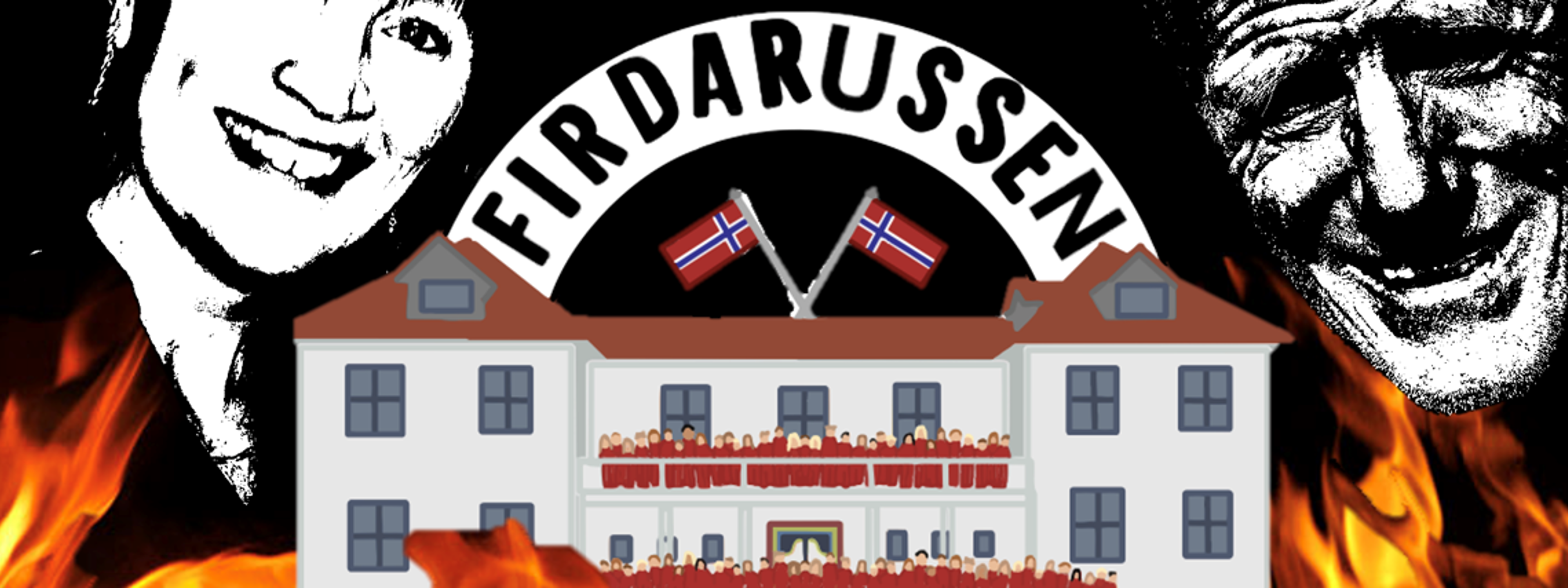 Plakat med bilde av gamlebygget på Firda vgs. Portrett av noverande rektor Tove Hanne og tidlegare rektor Hallgeir på kvar side.