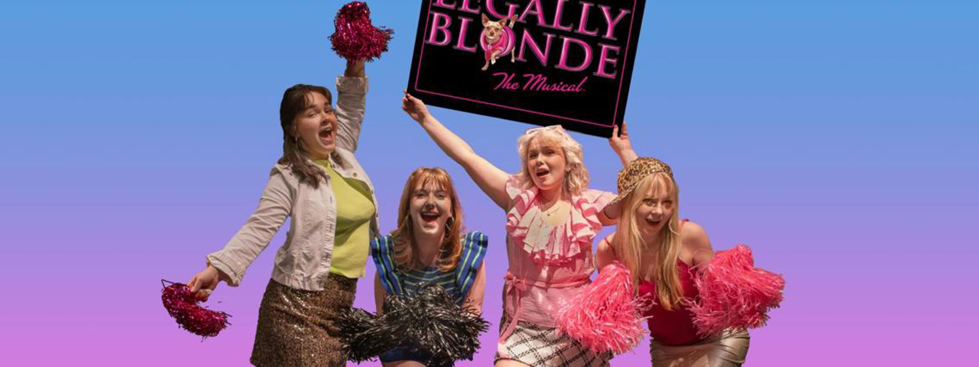 4 jenter i kjolar og skjørt. Den eine har ein plakat i handa.