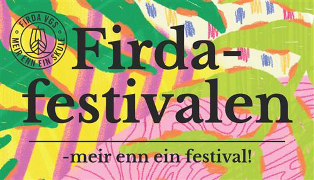 Banneret til Firdafestivalen med friske fargar i bakgrunnen; gult, rosa og grønt.